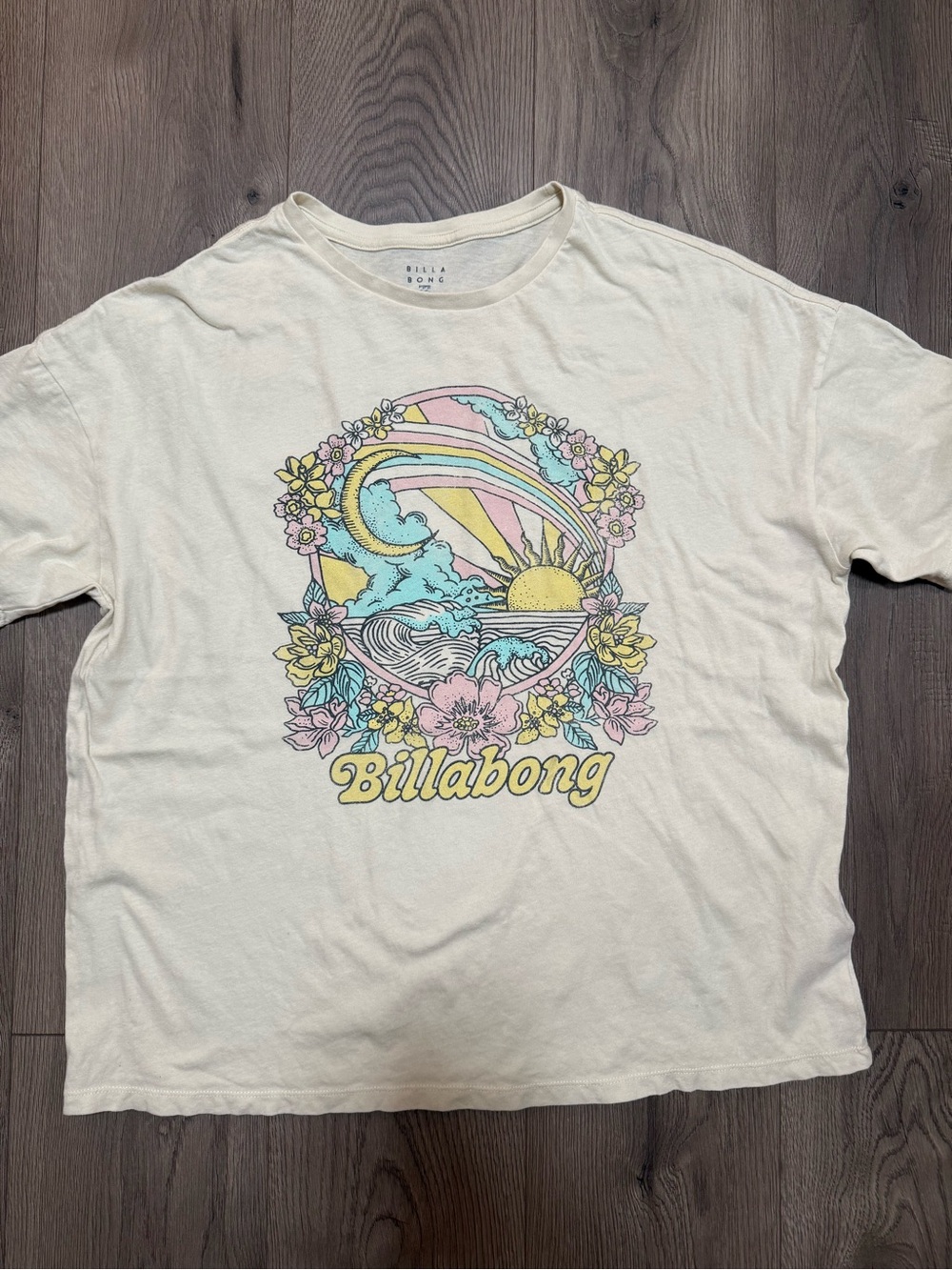 Billabong Oversized Graphic Tee Large Rainbow Sun Floral 100% Cotton